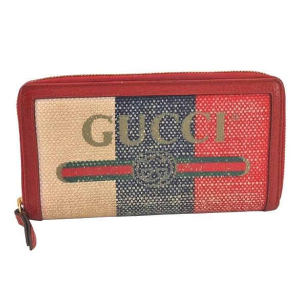 GUCCI Logo Print Long Wallet Purse Canvas Leather Red - Picture 15 of 16